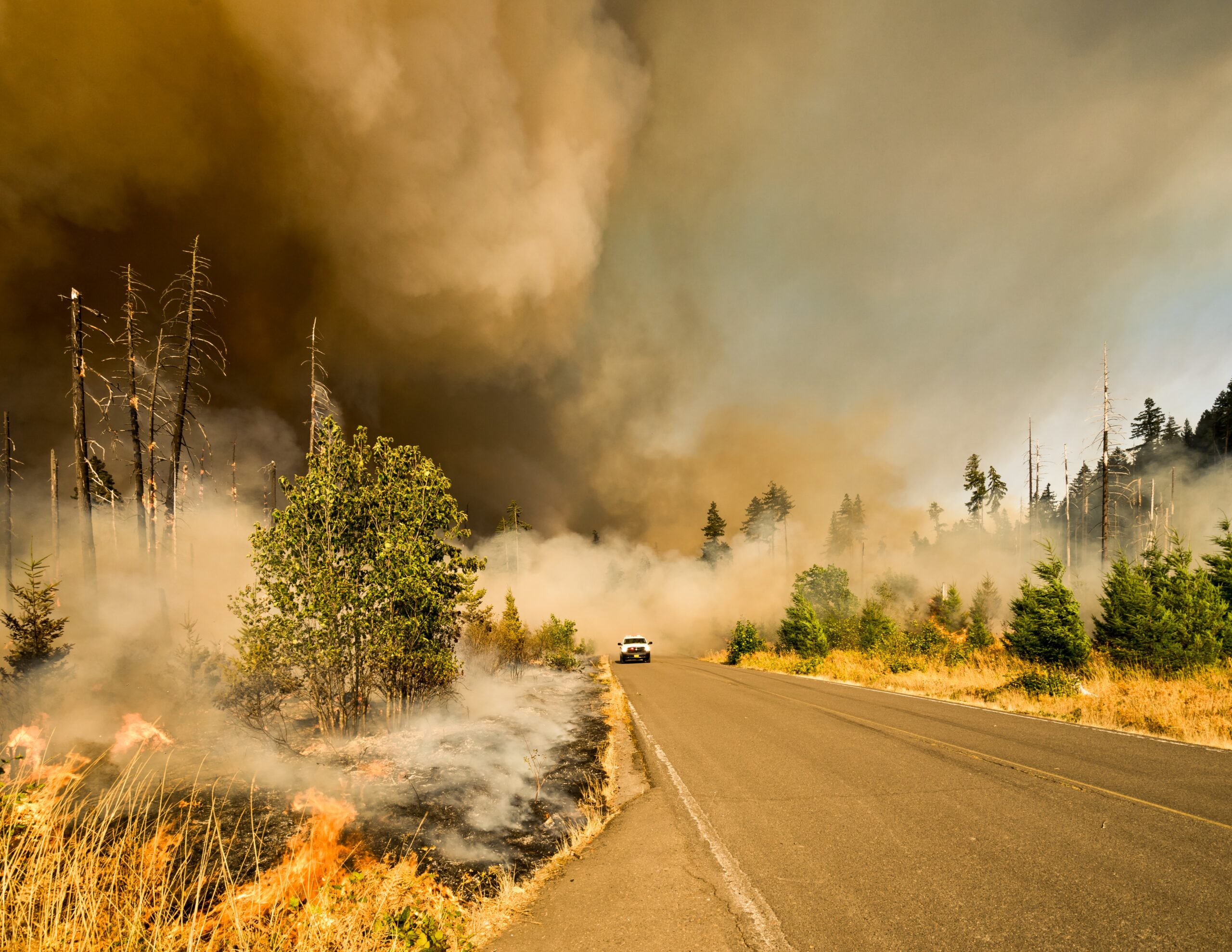 A white truck drives alongside a column of smoke during the 2017 Jones Fire.