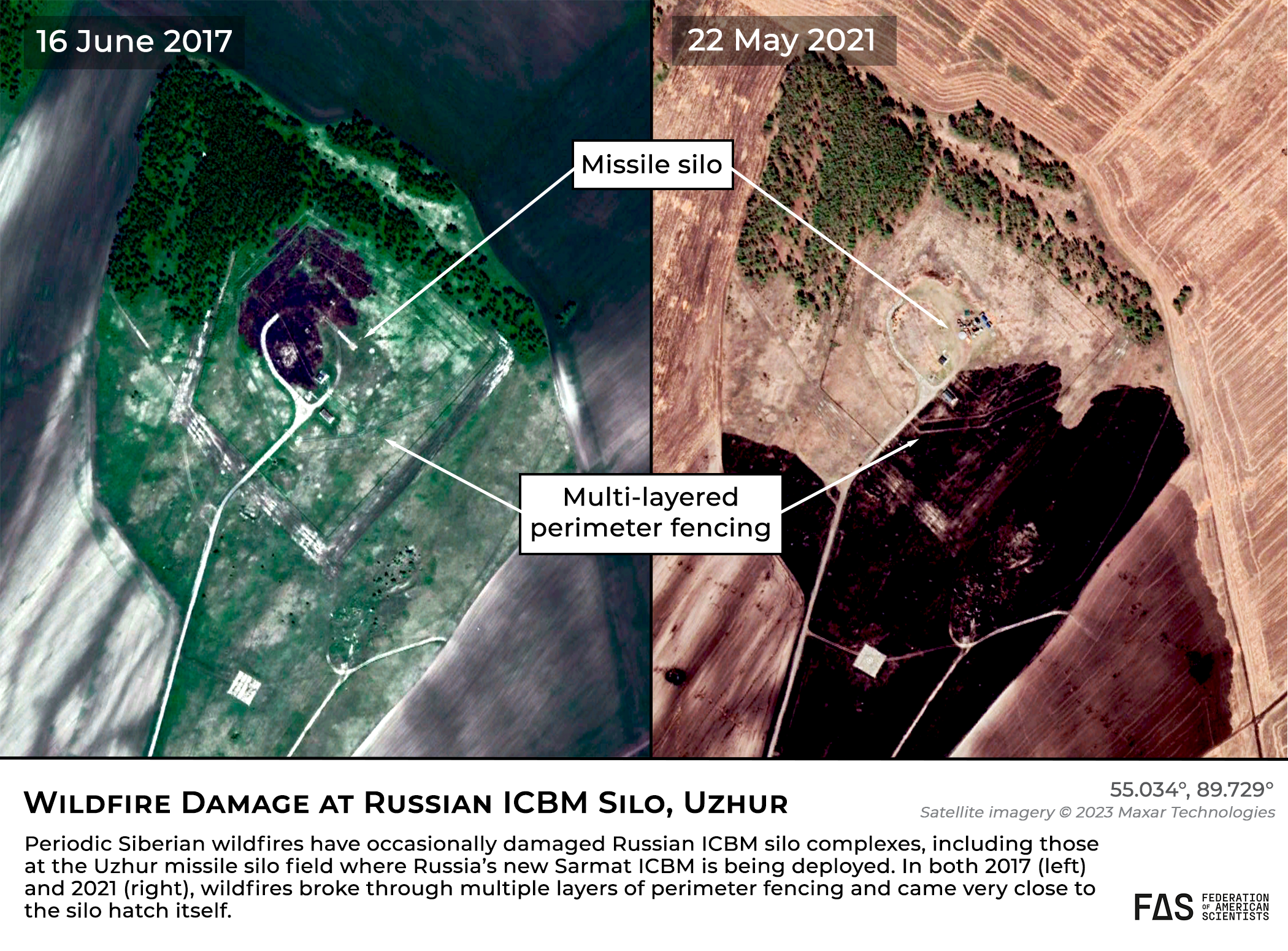 Annotated satellite image showing extensive wildfire damage to the same silo complex at the Uzhur missile silo field.