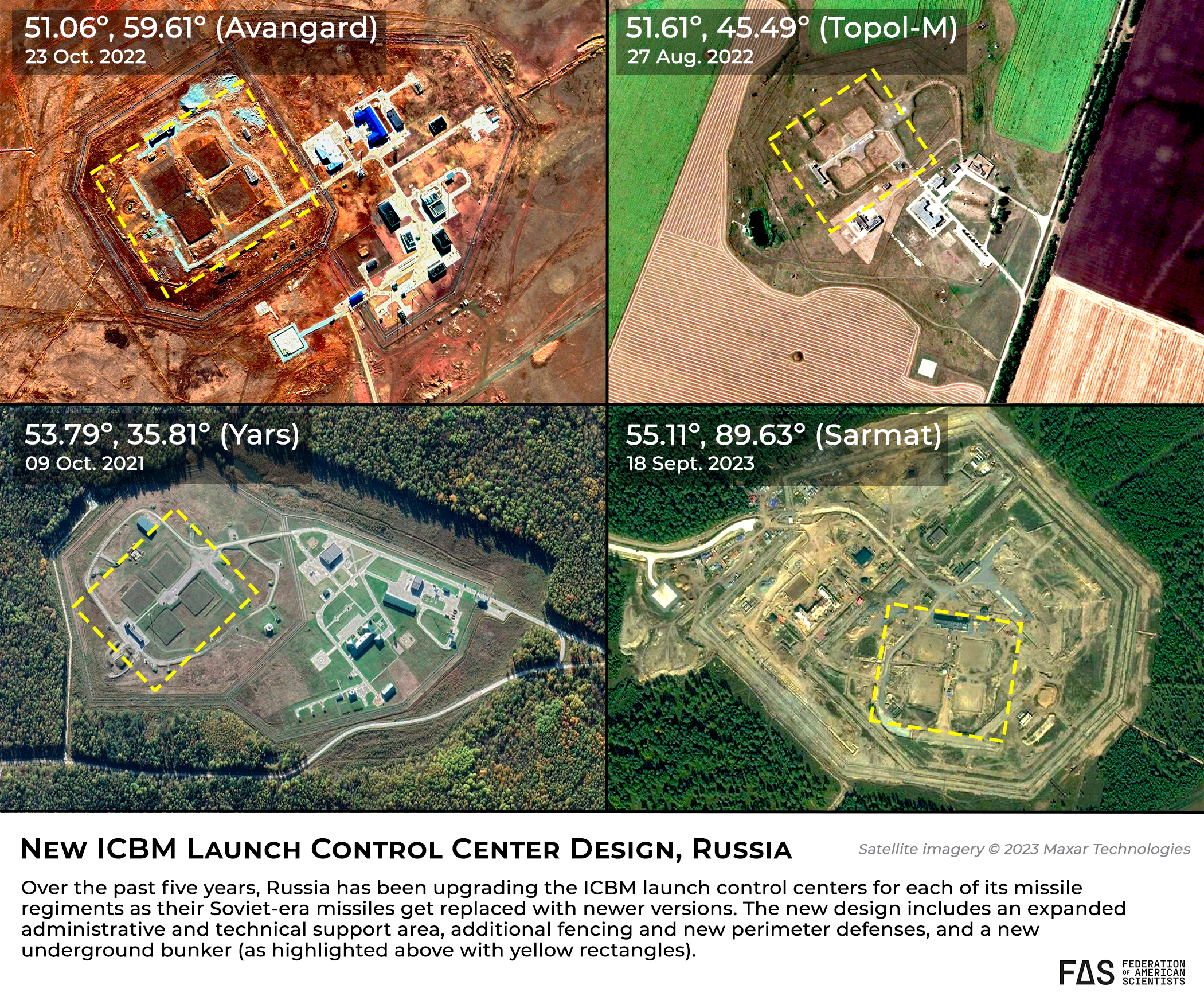 Annotated satellite image comparing and contrasting new ICBM launch control center designs across Russia.