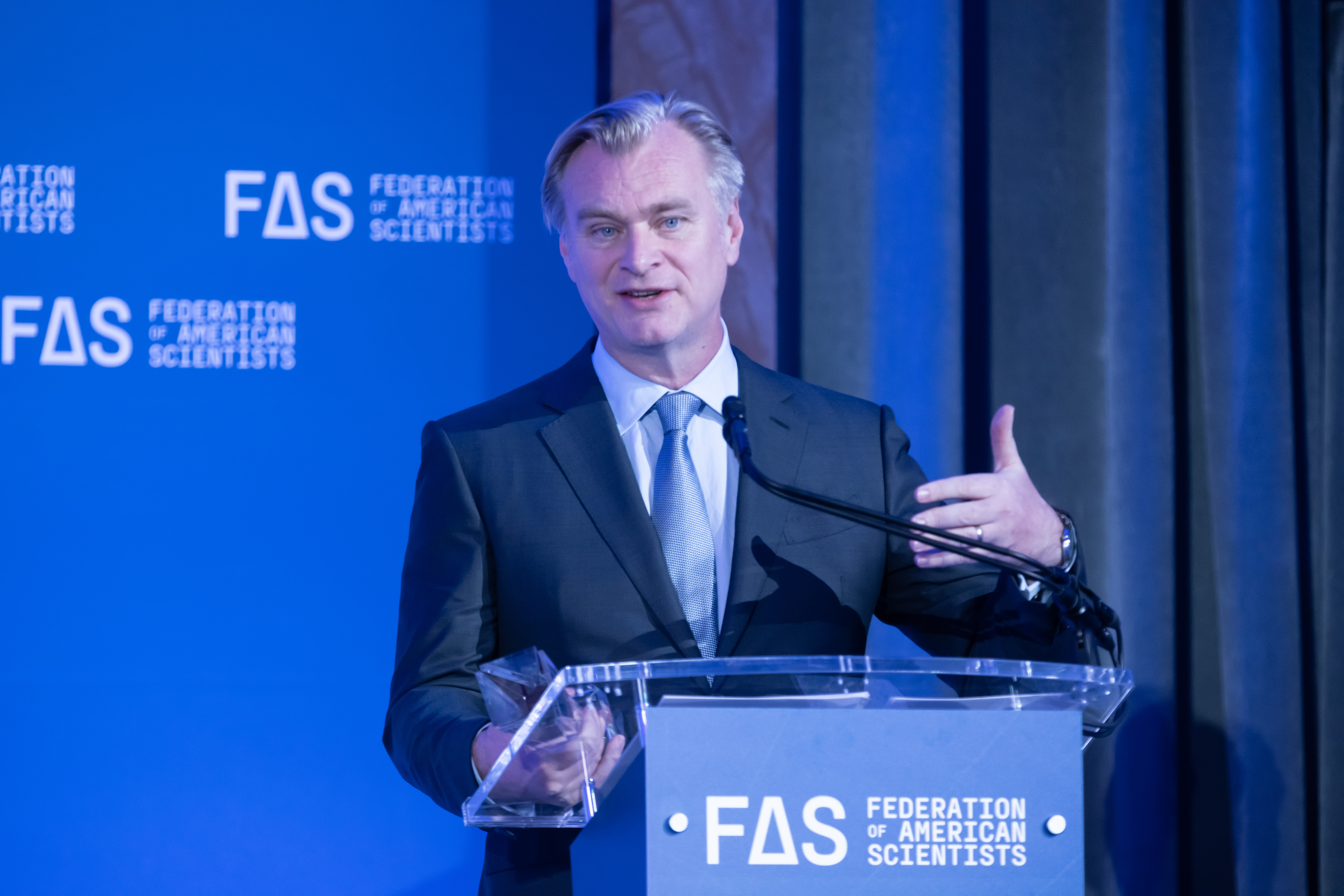 Christopher Nolan speaking at the 2023 FAS Public Service Awards