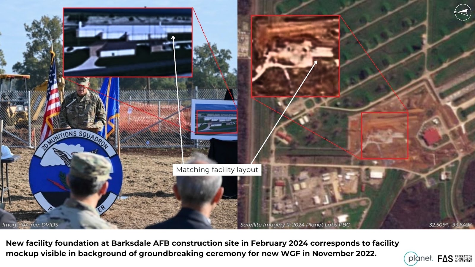 New facility foundation at Barksdale AFB construction site in February 2024 corresponds to facility mockup visible in background of groundbreaking ceremony for new WF in November 2022.