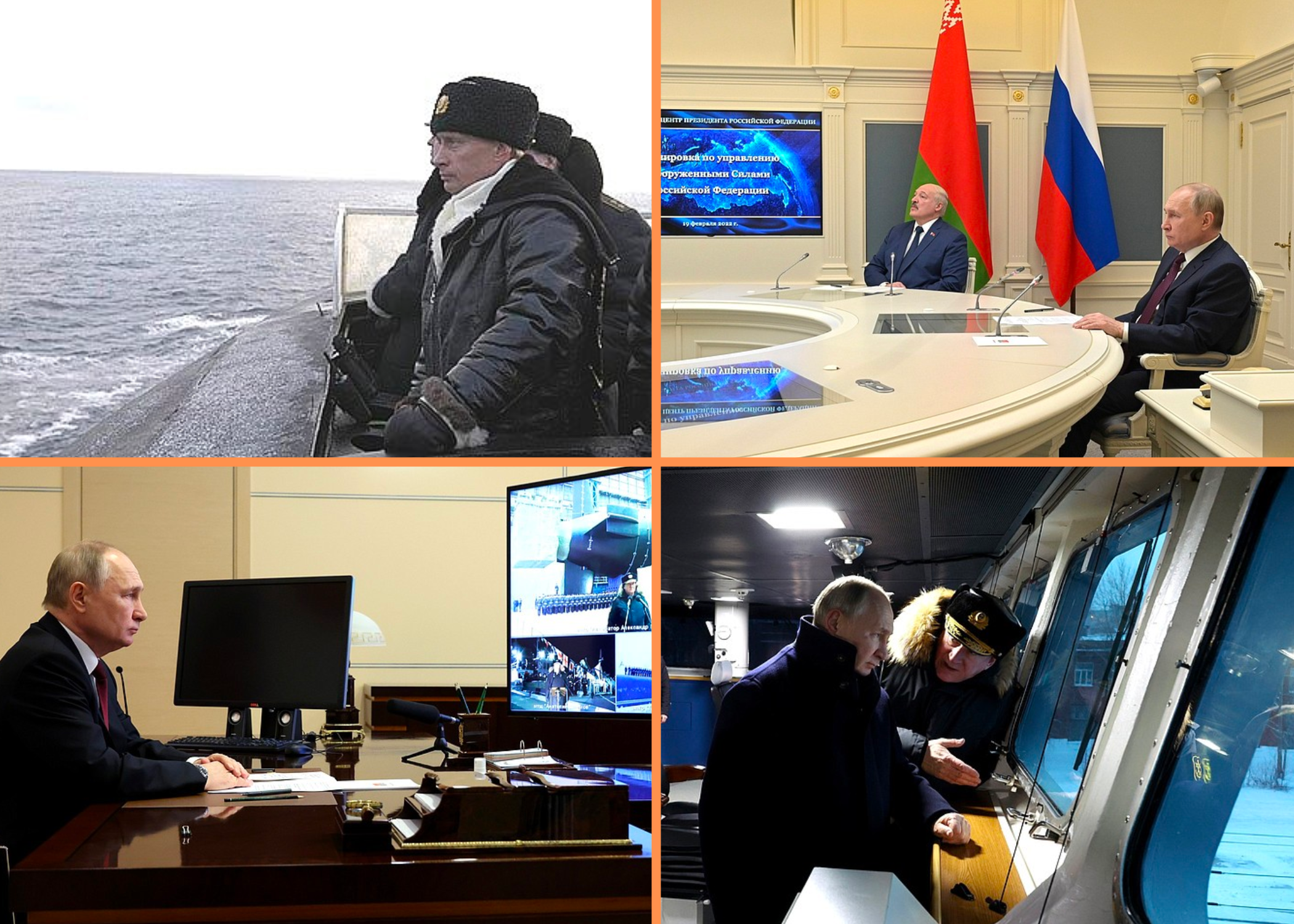 TOP LEFT: Putin views a strategic command post exercise in the Barents Sea in 2004. TOP RIGHT: Putin and President Belarus Lukashenko observe a February 2022 strategic deterrence forces exercise. BOTTOM LEFT: Putin attends a ceremony in December 2022 to raise the flag on the Generalissimus Suvorov SSBN and launch the Emperor Aleksandr III SSBN. BOTTOM RIGHT: Putin observes the frigate Admiral Kasatonov during the December 2023 commissioning ceremony of the Emperor Aleksandr III ballistic missile submarine and the Krasnoyarsk guided missile submarine.