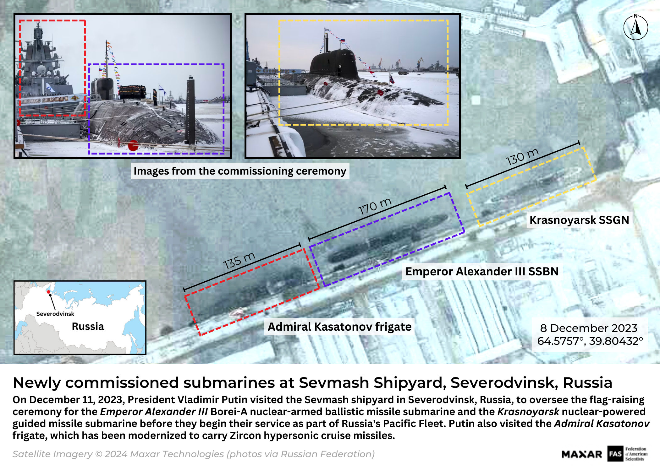 On December 11, 2023, President Vladimir Putin visited the Sevmash shipyard in Severodvinsk, Russia, to oversee the flag-raising ceremony for the Emperor Alexander III Borei-A nuclear-armed ballistic missile submarine and the Krasnoyarsk nuclear-powered guided missile submarine before they begin their service as part of Russia's Pacific Fleet. Putin also visited the Admiral Kasatonov frigate, which has been modernized to carry Zircon hypersonic cruise missiles