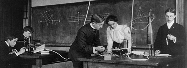 Black and white photo of early 20th century science class