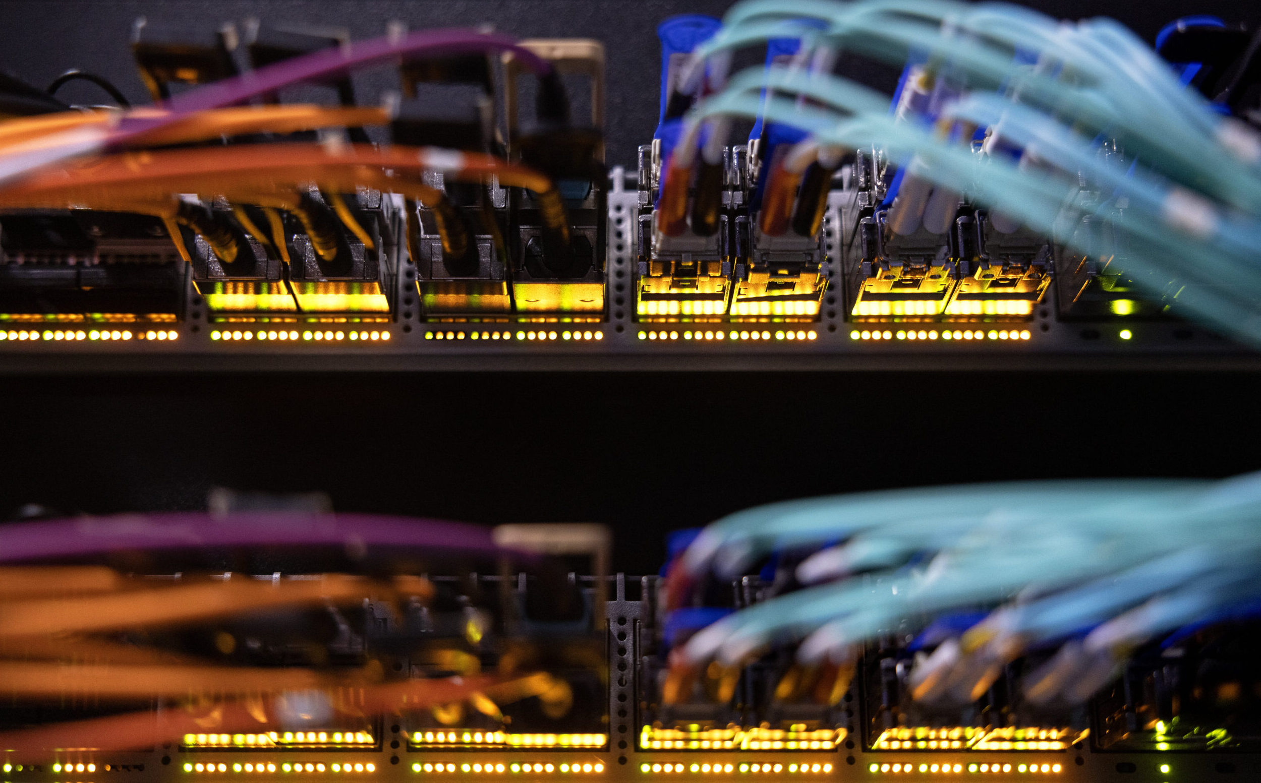 Details of central aggregation switches, which are used as web servers, backup servers, and virtual machine hosts to power website and other network services, at the Jefferson Lab Data Center in Newport News, Va., on Monday, March 26, 2024.